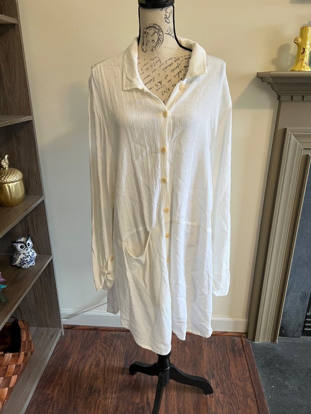 Flax White Shirt Cover Up Button Front Long Sleeve Oversized Crinkle Gauze Med